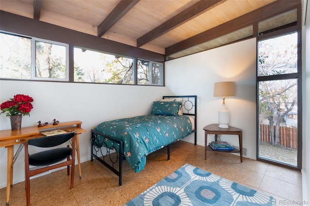 bedroom with multiple windows and wooden ceiling