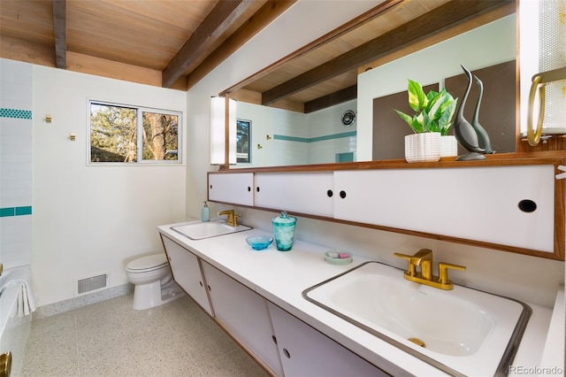 bathroom with walk in shower, wood ceiling, vanity, beam ceiling, and toilet