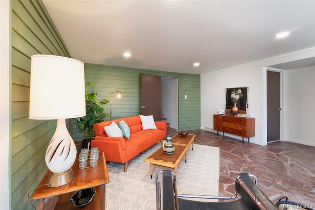 living room featuring wooden walls