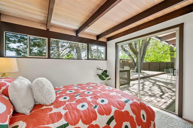 5450 Mohawk Rd, Littleton, CO 80123 - bedroom featuring access to outside, beam ceiling, and wood ceiling