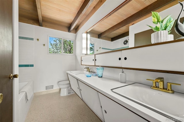 5450 Mohawk Rd, Littleton, CO 80123 - bathroom with wooden ceiling, beam ceiling, toilet, speckle patterned floor, and double vanity