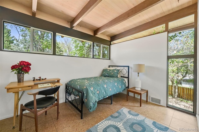 5450 Mohawk Rd, Littleton, CO 80123 - bedroom with wood ceiling, beam ceiling, and access to outside