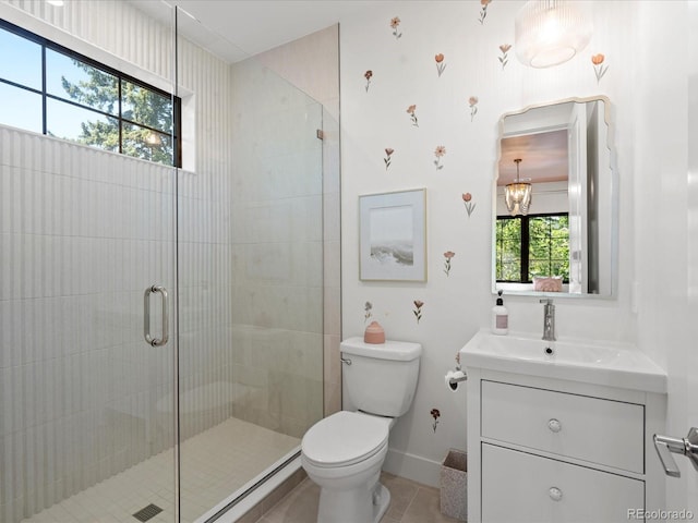 332 S Franklin St, Denver, CO 80209 - bathroom featuring vanity, a stall shower, tile patterned flooring, and a chandelier