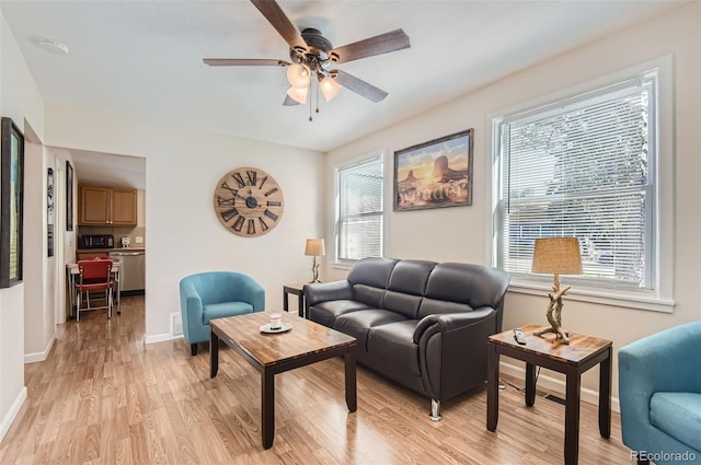 living room featuring light hardwood / wood-style floors, plenty of natural light, and ceiling fan