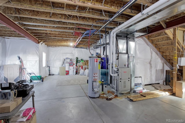 basement featuring water heater and heating unit