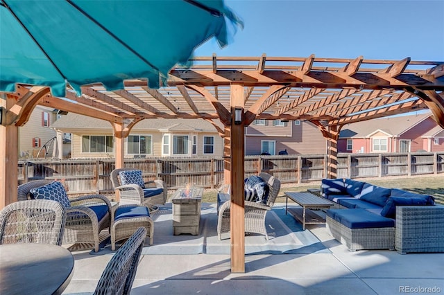 view of patio / terrace with outdoor lounge area and a pergola