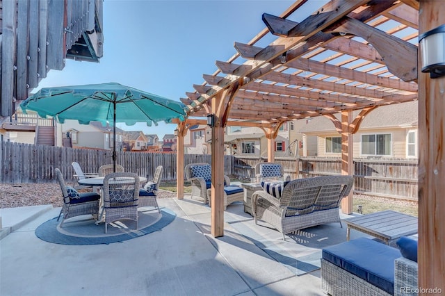 view of patio / terrace featuring outdoor lounge area and a pergola