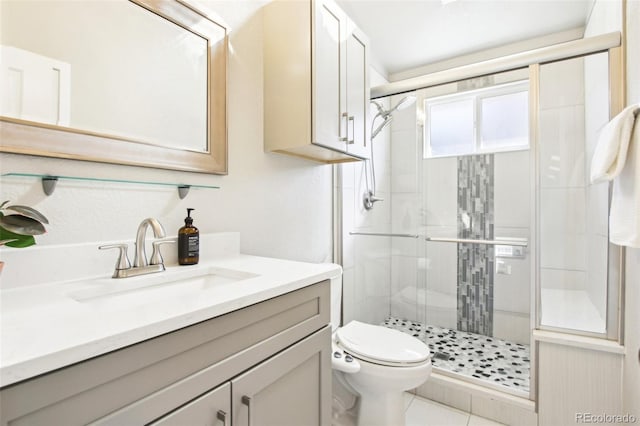 full bathroom with vanity, toilet, and a shower stall