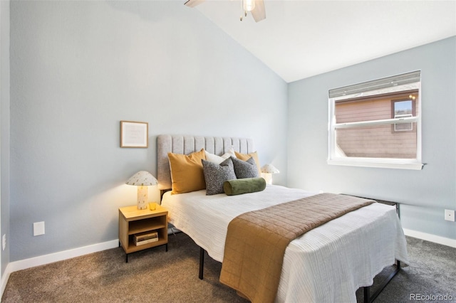 bedroom with carpet floors, baseboards, ceiling fan, and lofted ceiling