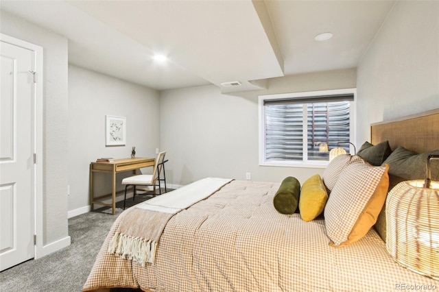 bedroom featuring carpet floors, recessed lighting, baseboards, and visible vents