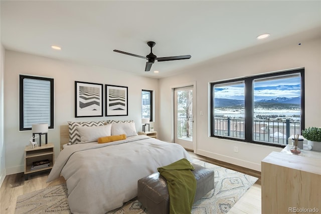 bedroom with recessed lighting, a ceiling fan, baseboards, access to outside, and light wood finished floors