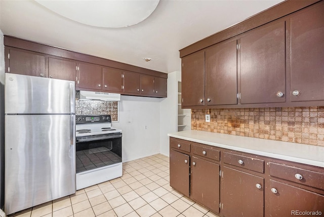 kitchen with tasteful backsplash, dark brown cabinets, white electric stove, stainless steel refrigerator, and light tile patterned flooring