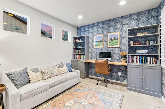 17335 W 94th Ave, Arvada, CO 80007 - office space featuring wallpapered walls, carpet, recessed lighting, and built in desk