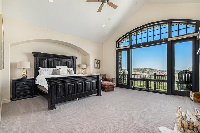 12963 Silver Elk Ln, Littleton, CO 80127 - bedroom featuring carpet floors, access to outside, high vaulted ceiling, and a ceiling fan