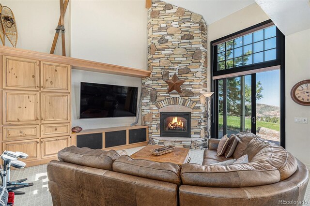 12963 Silver Elk Ln, Littleton, CO 80127 - living area with high vaulted ceiling and a fireplace