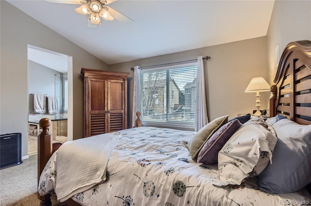 bedroom with carpet floors, a ceiling fan, and vaulted ceiling