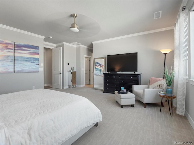 bedroom featuring ceiling fan, ornamental molding, and light carpet