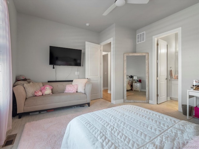 bedroom with connected bathroom and ceiling fan