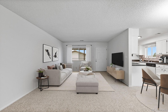 living room with light carpet and a textured ceiling