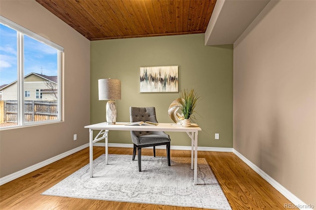 office with visible vents, wood ceiling, baseboards, and wood finished floors