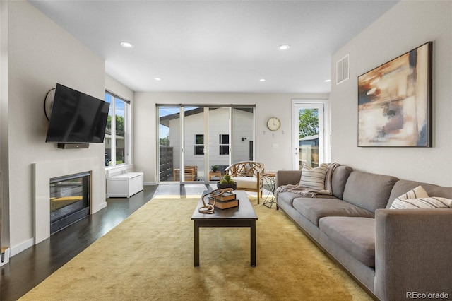 5101 Quitman St, Denver, CO 80212 - living area with a glass covered fireplace, wood finished floors, and recessed lighting