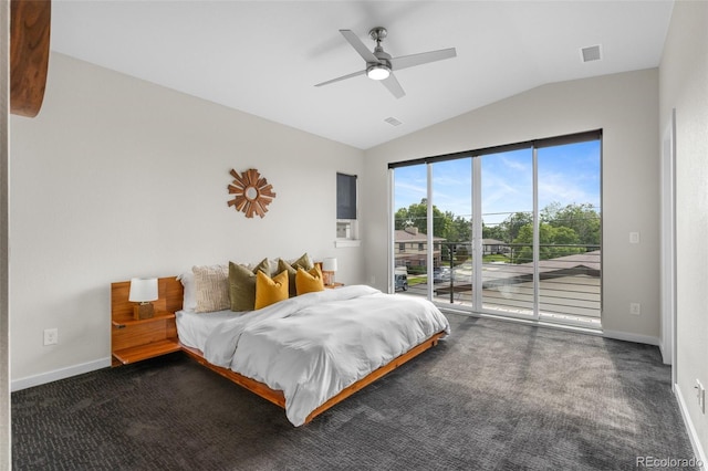 5101 Quitman St, Denver, CO 80212 - carpeted bedroom featuring access to exterior, vaulted ceiling, baseboards, and ceiling fan