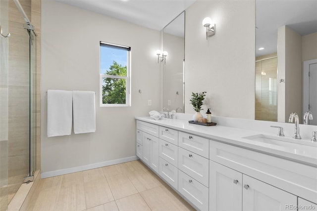 5101 Quitman St, Denver, CO 80212 - bathroom with double vanity, a shower stall, baseboards, tile patterned floors, and recessed lighting