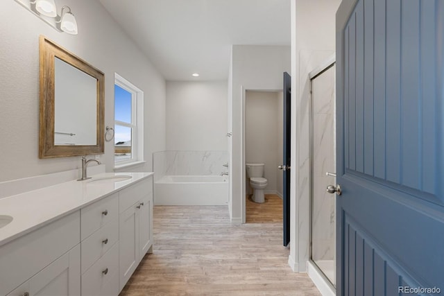 full bathroom with wood-type flooring, separate shower and tub, vanity, and toilet