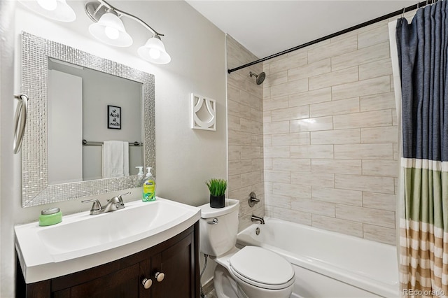 full bath with shower / bath combo with shower curtain, toilet, and vanity