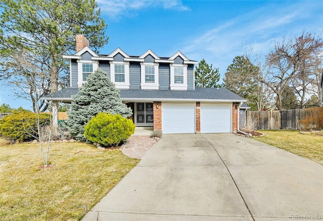 traditional-style home with fence, concrete driveway, a front yard, brick siding, and a chimney