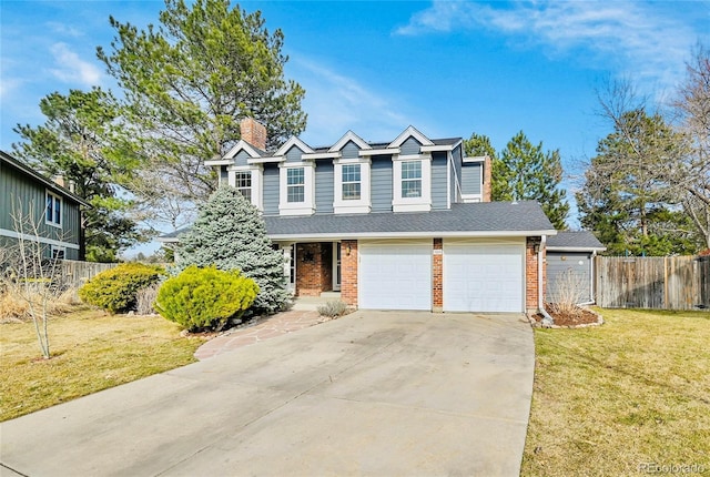 traditional-style house featuring driveway, brick siding, a front lawn, and fence