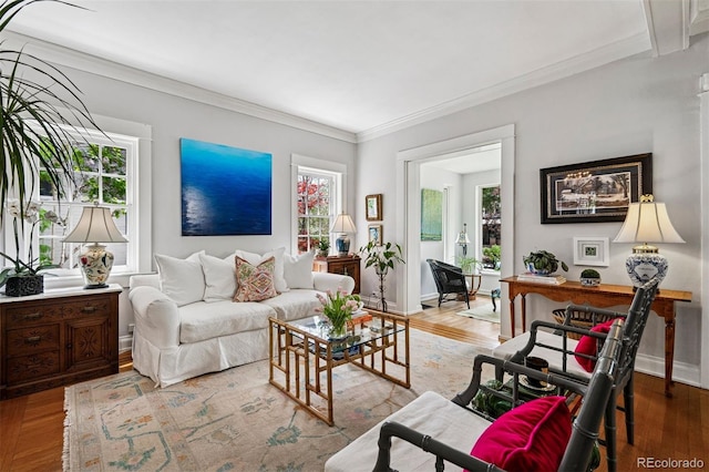 living room with plenty of natural light, wood finished floors, crown molding, and baseboards
