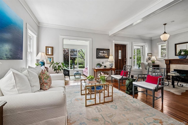 living area featuring healthy amount of natural light, wood finished floors, crown molding, and a premium fireplace