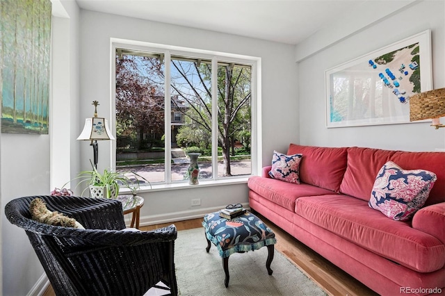 living area featuring wood finished floors and baseboards