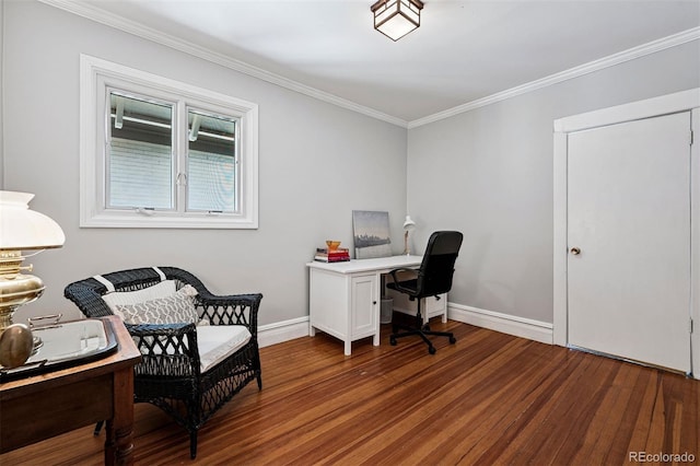 office featuring wood finished floors, ornamental molding, and baseboards
