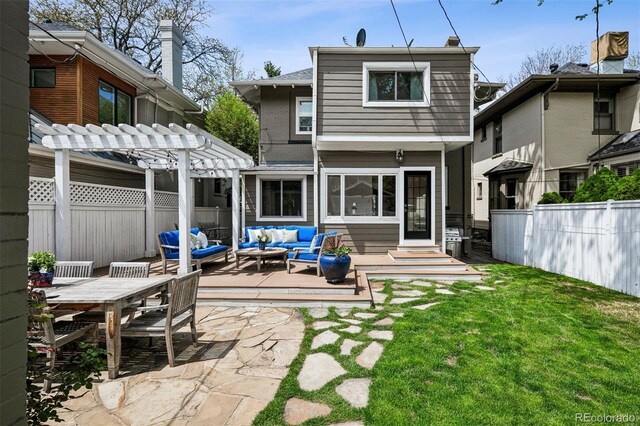 back of house with an outdoor hangout area, a pergola, a patio, and entry steps