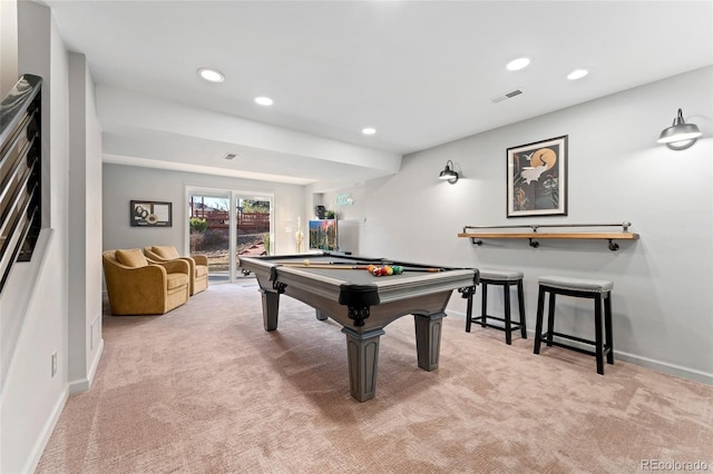 recreation room with light carpet, billiards, visible vents, baseboards, and recessed lighting