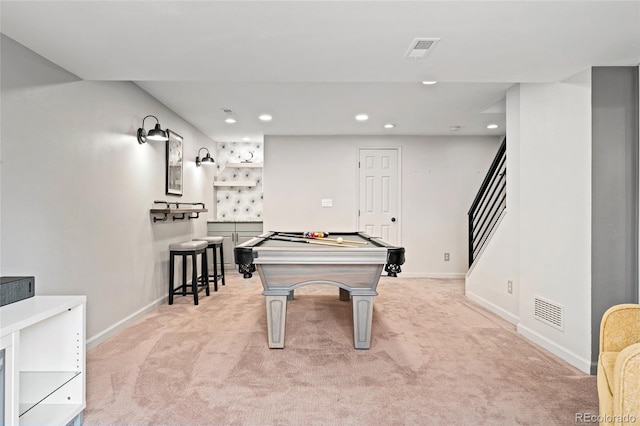 recreation room with light carpet, billiards, visible vents, baseboards, and recessed lighting