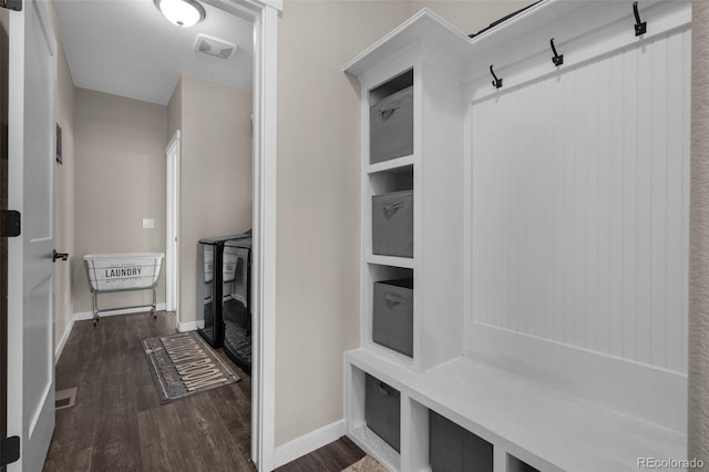 mudroom with baseboards and dark wood finished floors
