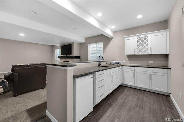 kitchen with kitchen peninsula, sink, dark wood-type flooring, and white cabinets