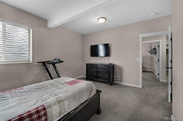 carpeted bedroom with baseboards, beamed ceiling, and visible vents