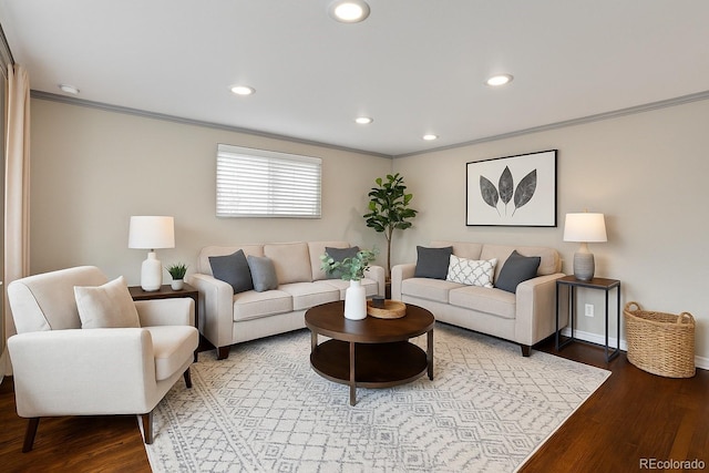 1996 S Dexter St, Denver, CO 80222 - living room featuring crown molding, wood finished floors, and recessed lighting