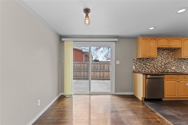 1996 S Dexter St, Denver, CO 80222 - kitchen featuring stainless steel dishwasher, crown molding, tasteful backsplash, dark wood-style flooring, and recessed lighting