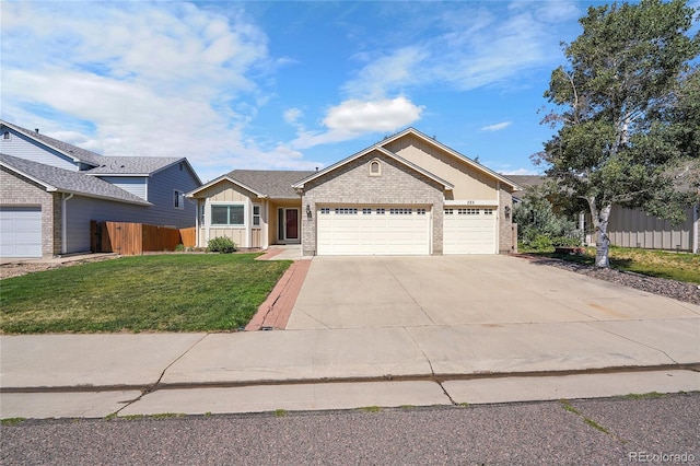 525 Badger Creek Dr, Brighton, CO 80601 - ranch-style home featuring board and batten siding, an attached garage, concrete driveway, and brick siding