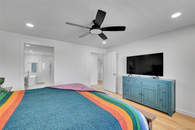 525 Badger Creek Dr, Brighton, CO 80601 - bedroom with light wood-style floors, recessed lighting, connected bathroom, and ceiling fan