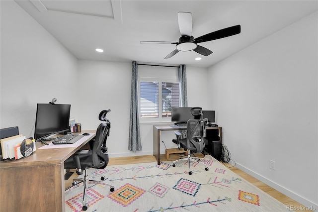 525 Badger Creek Dr, Brighton, CO 80601 - office featuring attic access, light wood-type flooring, ceiling fan, and recessed lighting