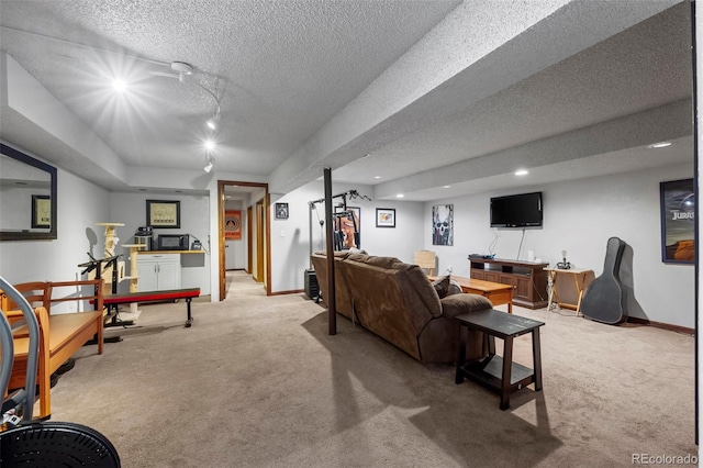 2362 S Troy St, Aurora, CO 80014 - living room with carpet floors, a textured ceiling, and recessed lighting