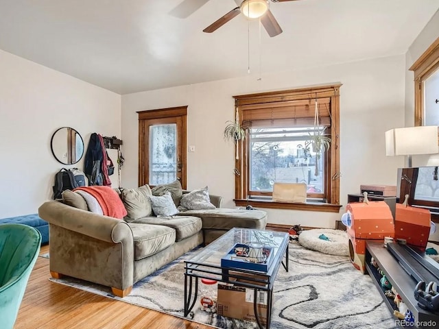 living room with light hardwood / wood-style flooring and ceiling fan