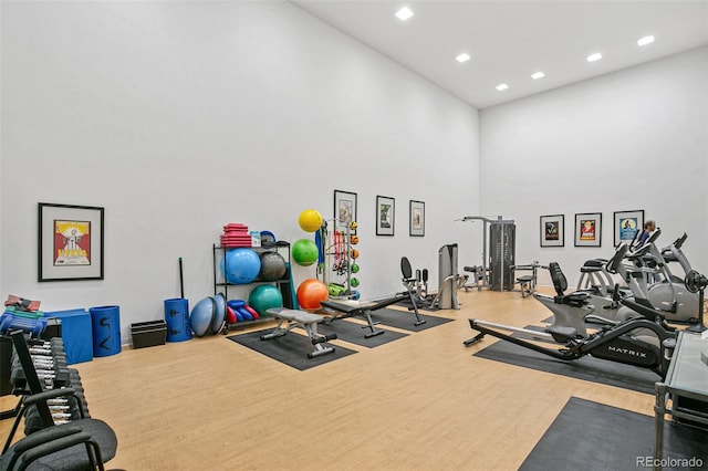 gym featuring hardwood / wood-style floors and a high ceiling