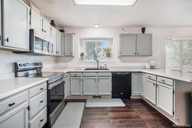 kitchen with gray cabinets, stainless steel appliances, dark hardwood / wood-style floors, and sink